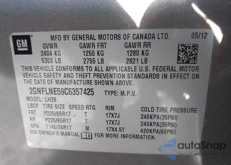 2012 Chevrolet Equinox 2Lt from USA, damaged, VIN 2GNFLNE59C6357425